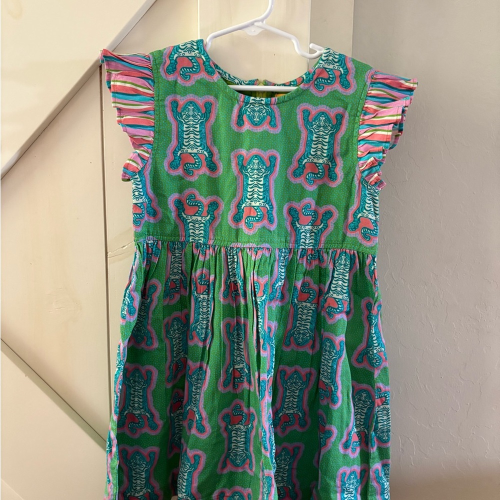 Briton Court Green and Pink Tiger Dress with Ruffle Sleeves Girls 7